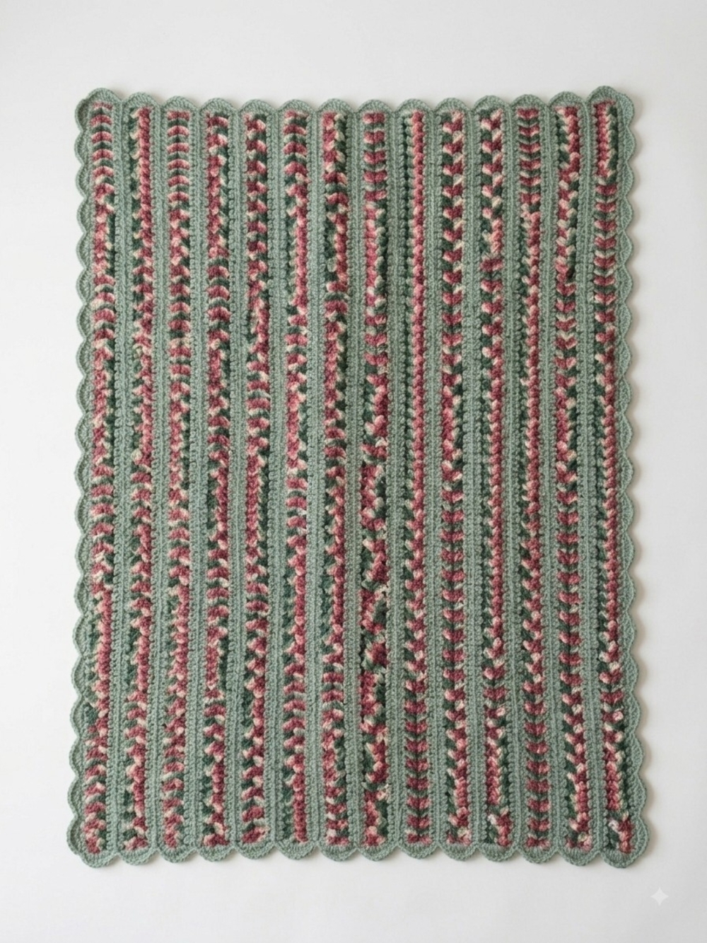 Vintage Handmade Crochet Afghan Blanket Sage Green Pink Stripe Scalloped 52x59